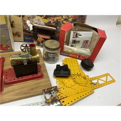Mamod Minor 1 stationary live steam engine, line shaft, power hammer etc, attached to a wood board, with boxes and a quantity of Meccano 