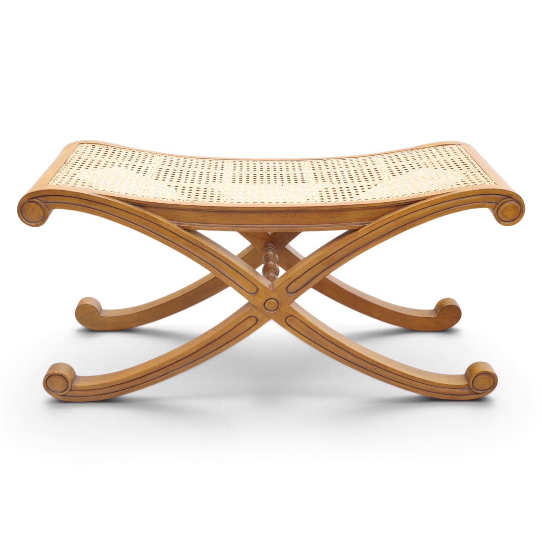 And So To Bed - cherrywood 'Louis XV' caned bench, caned top above an X-frame united by turned stretcher