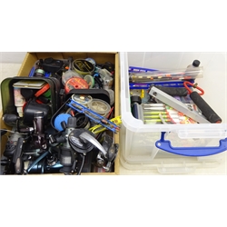  Quantity of sea and course fishing tackle to include K.P. Morritt's intrepid 'Surfcast' reel, Xanthos CR 1060 & other reels, Shimano Hyperloop 3 piece rod 390FA & Catana Barbel Power 3 piece rod, nets, line, lures, weights and other fishing tackle with two carry bags   