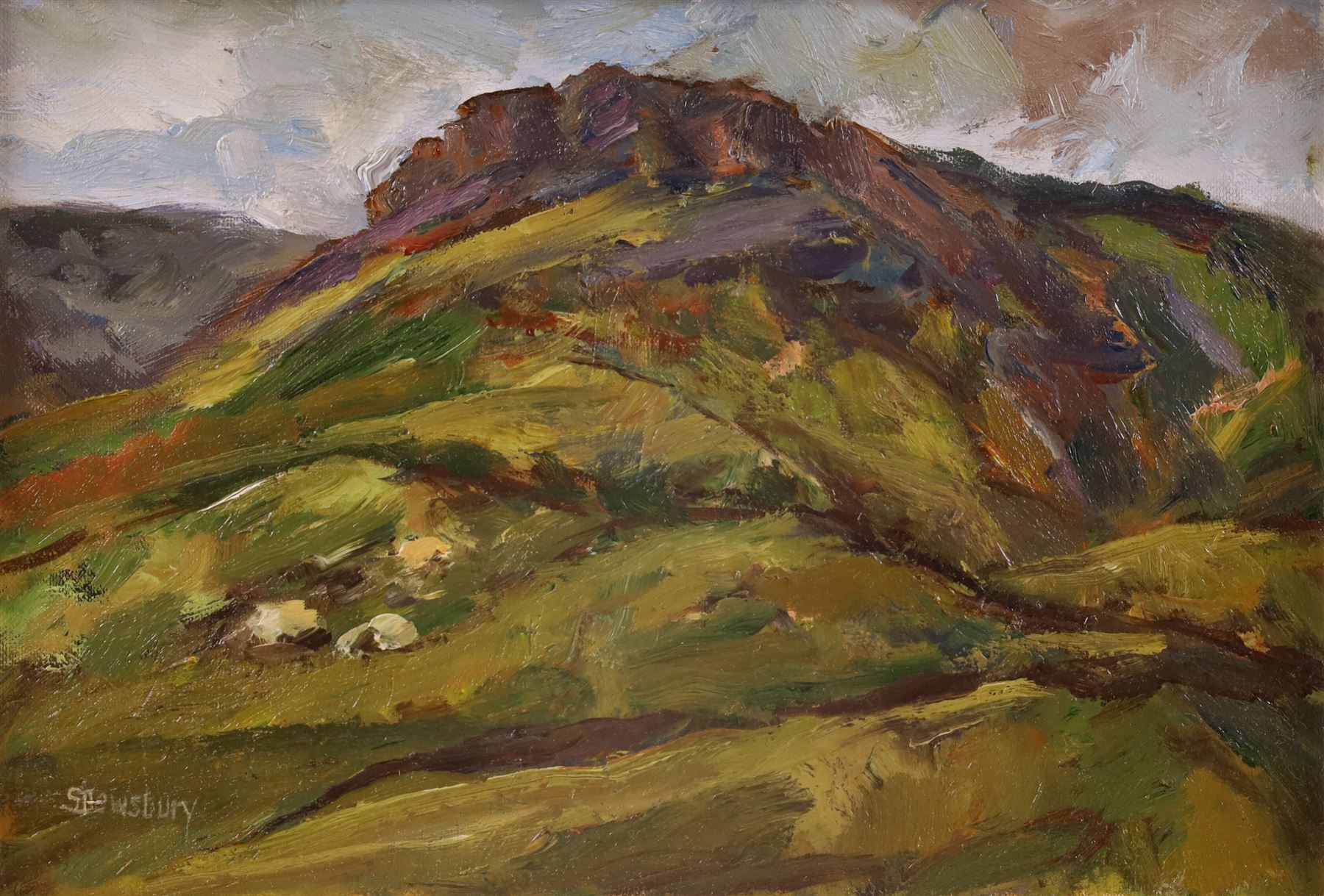 Sheila Dewsbury (British 1944-): 'Hillside - Saddleworth (Below Indian's Head - Greenfield)', oil on board signed, titled and inscribed verso 17cm x 25cm 
Provenance: Private collection, purchased Capes Dunn 15th October 2013 Lot 44