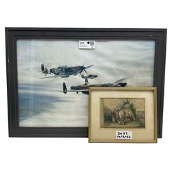 After Robert Taylor (British 1946-): Spitfires, print, signed by Leonard Cheshire, Johnnie Johnson, and Peter Townsend verso, together with a 19th century engraving (2)