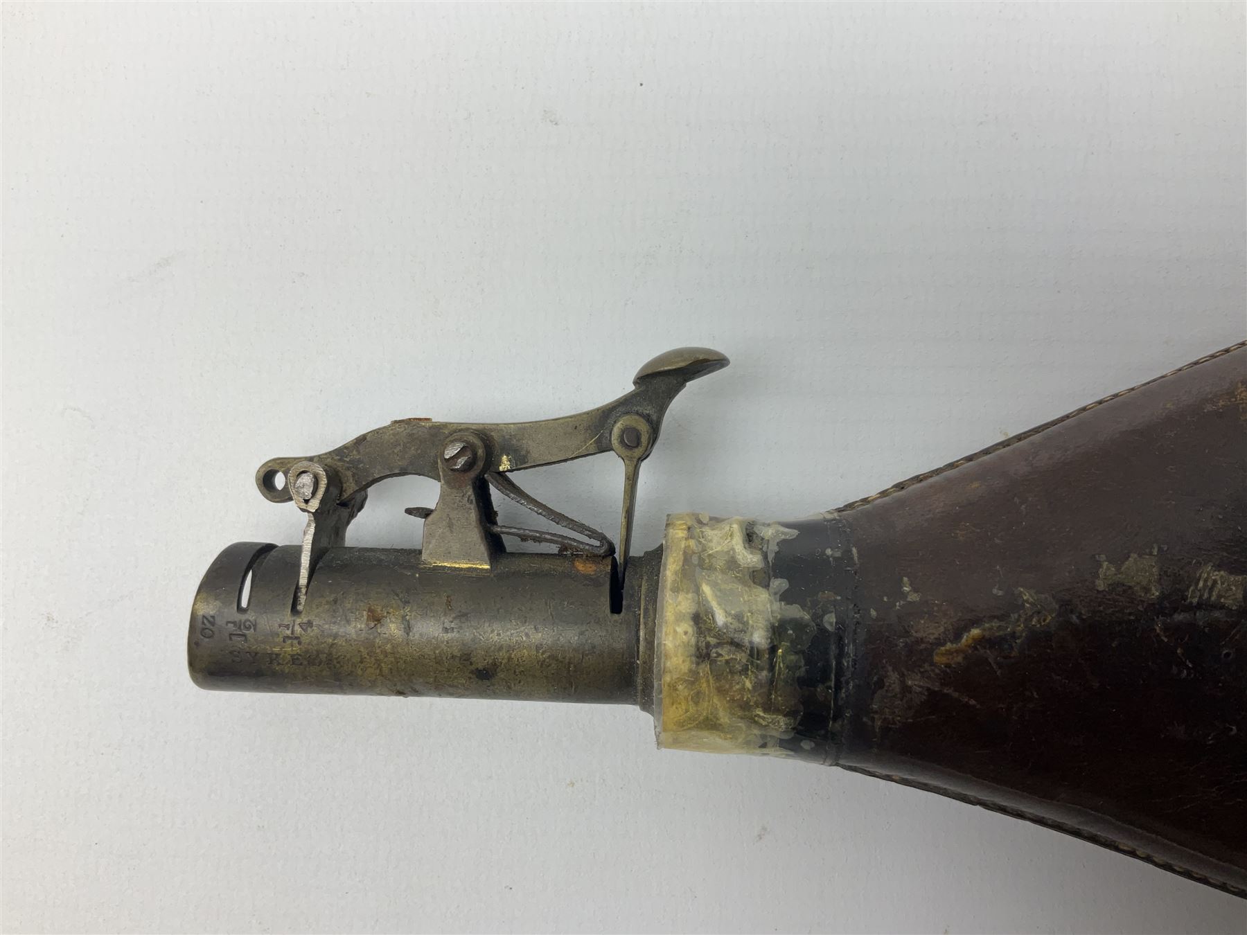British pattern 1876 socket bayonet with 55cm triangular blade; another smaller socket bayonet; and a leather shot flask, the brass action marked Sykes (3)