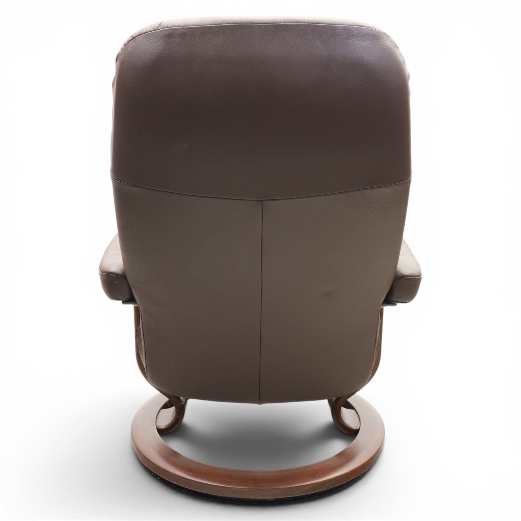 Ekornes - Stressless medium brown leather recliner swiveling armchair and stool, brown leather recline with stitching, together with a matching stool, on a round base