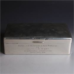 Mid 20th century silver mounted cigarette box, of rectangular form, with personal engraving to body reading 'Baron and Baroness Di San Marciano to Alan VG Bibby in grateful appreciation Malta April 1948, engraved with San Marciano family coat of arms to hinged cover, opening to reveal a softwood lined interior, hallmarked Adie Brothers Ltd, Birmingham 1946, H5cm, W16.5cm