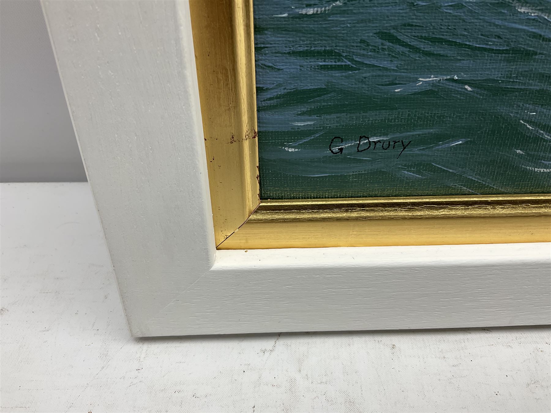 George Drury (British 1950-): J Class Yachts 'Britannia' and 'Valkyrie III' 1895, oil on canvas board signed, titled verso 42cm x 57cm