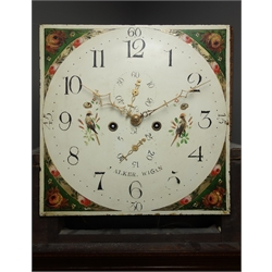  19th century figured mahogany longcase clock, eight day movement striking the hours on bell, square enamel painted dial with subsidiary seconds and date dial, signed 'J. Alker, Wigan', H205cm a/f  