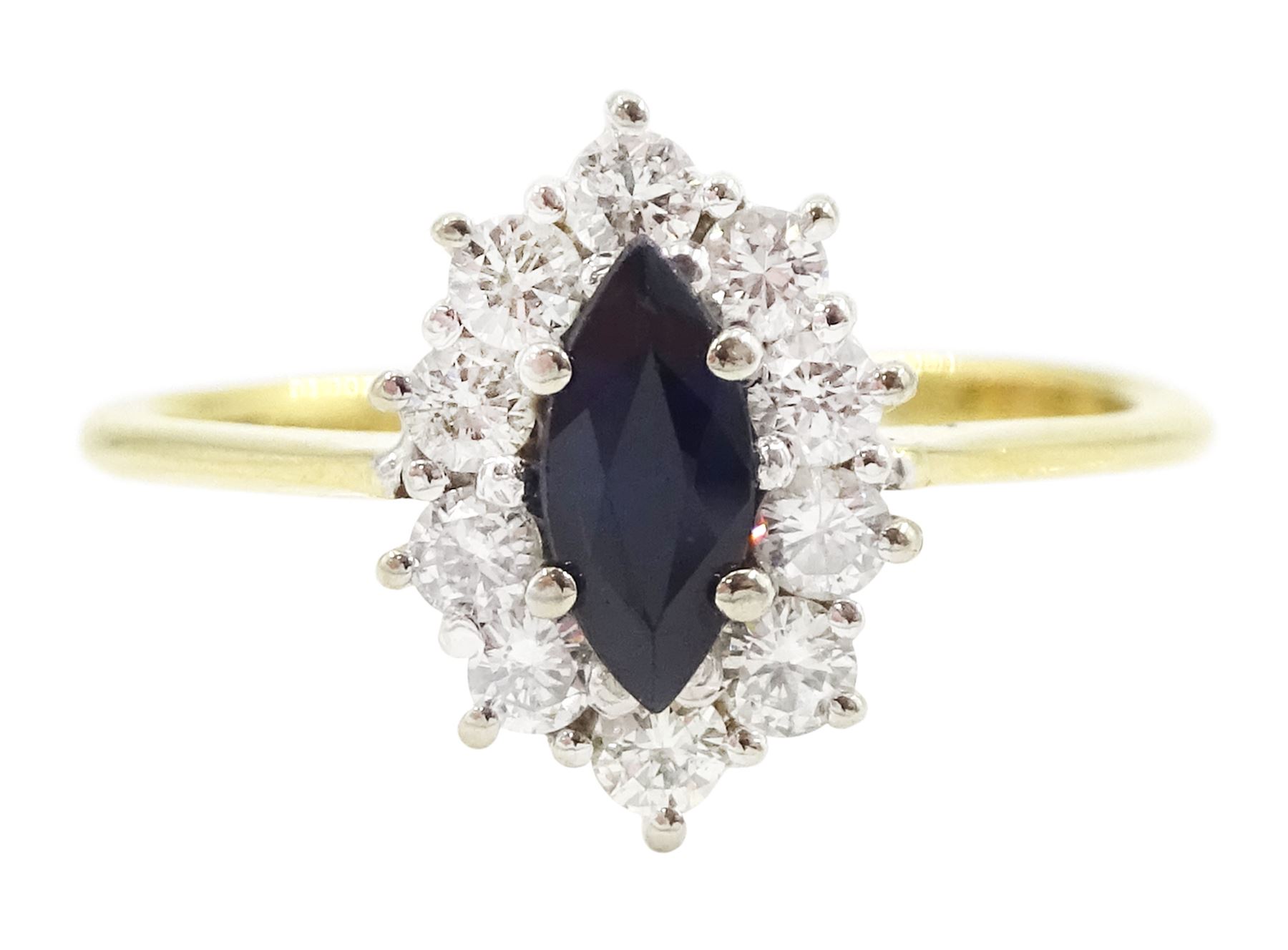 18ct gold marquise cut sapphire and round brilliant cut diamond cluster ring, London import mark 1986, total diamond weight approx 0.30 carat