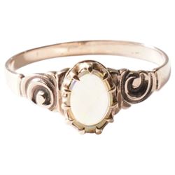 Gold single stone opal ring with scroll embossed shoulders