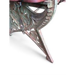 Coalbrookdale - Lily Pad design cast iron an wood slatted garden bench, late 19th century Aesthetic Movement, no. 217569, distressed green paint, iron centre support and seat stretcher, hardwood slatted