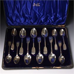 Set of six Victorian  silver fiddle pattern dessert spoons initialled 'W' and six matching teaspoons London 1847 Maker Henry Holland, cased