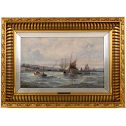 William Anslow Thornley (British fl.1858-1898): 'Hay Barge and Shipping - Mouth of the Thames', oil on canvas signed, titled on the stretcher verso 24cm x 39cm