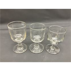 Collection of 18th century and later glassware, including set of three with twist stems and etched and fluted examples