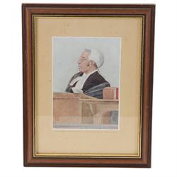 Judge's regalia, including, barrister’s wig in tin monogrammed J.A.W, Ede and Ravenscroft gown, tin of collars, jacket and waistcoat by Daniel Drescott, a glass case containing three miniature legal wigs; barrister’s wig, judge’s full bottom wig and bench wig and four Vanity Fair Spy prints
