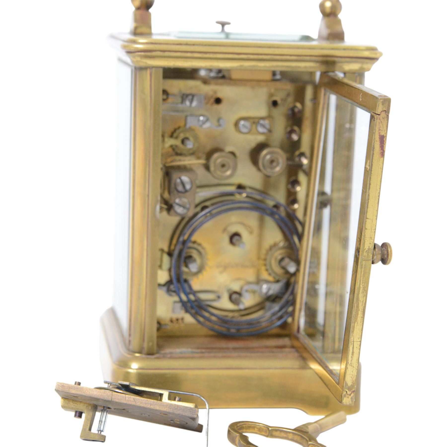 French 8-day timepiece carriage clock with brass case with four bevelled glass panels, 11cm