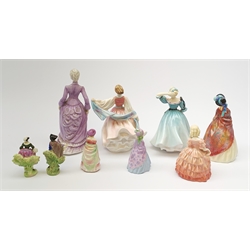 A group of seven Royal Doulton figurines, comprising Celeste HN2237, Gay Morning HN2135, Paisley Shawl HN1988, Rose HN1368, The Paisley Shawl M3, A Victorian Lady M1, and two others unnamed but marked M18, and M17, plus a Coalport figurine, Sarah. 