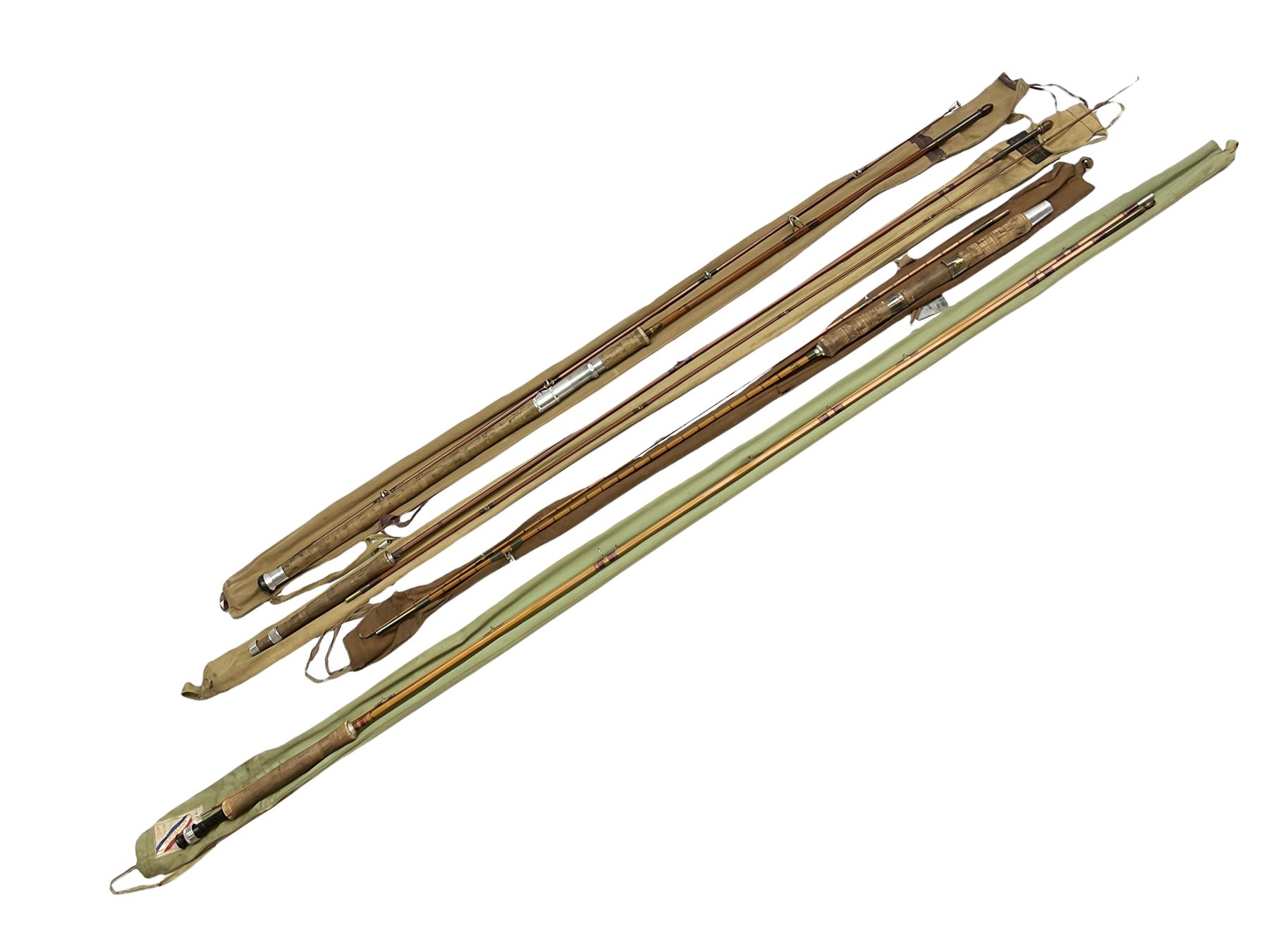 Four vintage split cane fishing rods in cloth bags, to include the Scottie Impregnated JS Sharpe rod and Pezon et Michel Farlow rod (4)