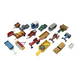 Dinky/Corgi - eighteen predominantly agricultural unboxed and playworn die-cast models including Massey tractors, various trailers and farm machinery, Land Rovers, Moto-cart, Station Wagon, NCB Electric Van, Garden Roller etc