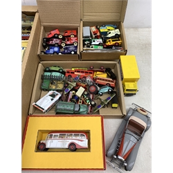  Collection of boxed diecast vehicles comprising Corgi ltd. ed. Bedford OB Coach, Lledo 'The Royal Air Force Groud Crew Support set', 'North Yorkshire Moors Railway', Franklin Mint Duesenberg 1935 model, some loose Matchbox vans, some earlier diecast etc and pine display shelf   