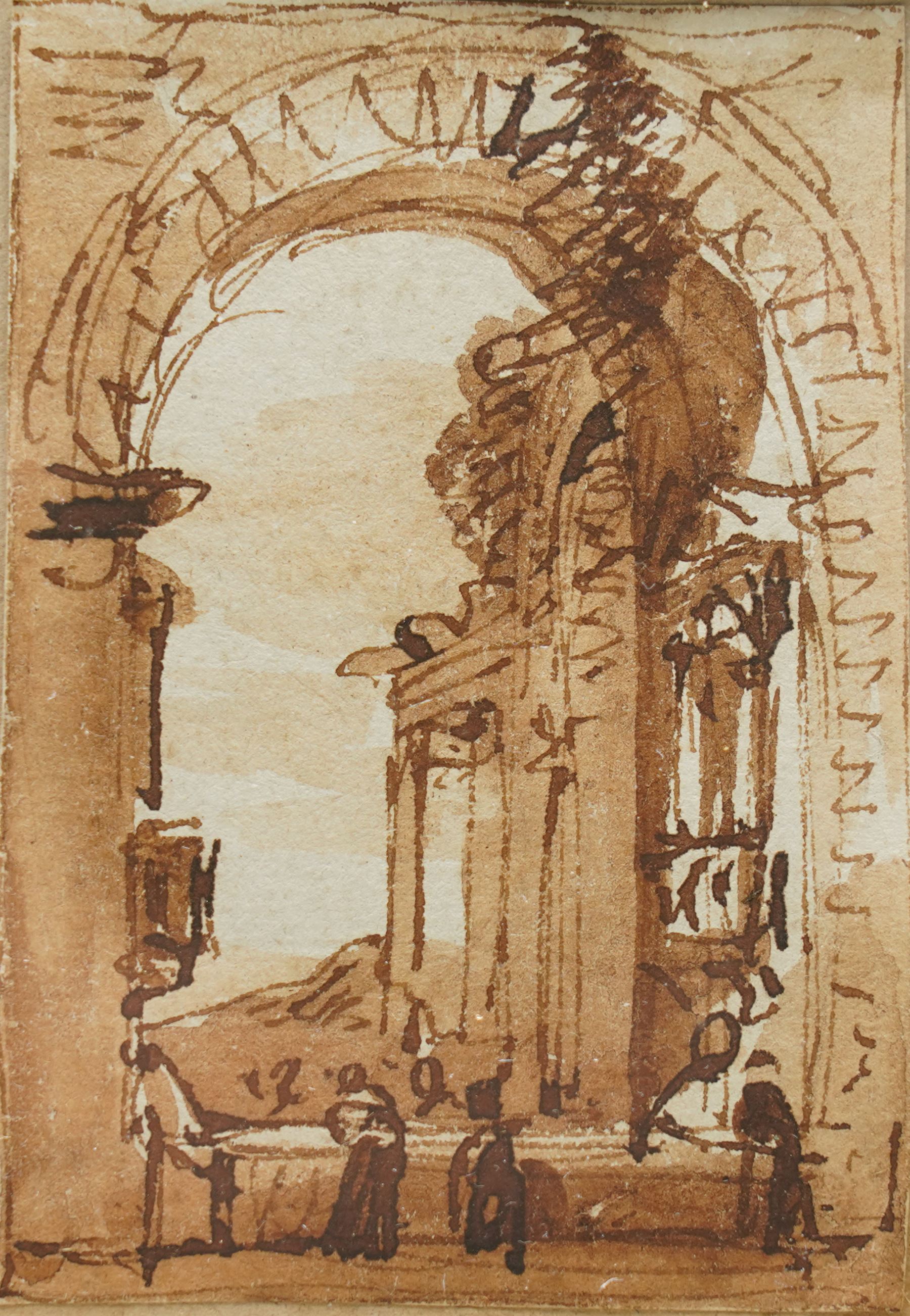 Victor Jean Nicolle (French 1754-1826): Italianate Capriccio View through a Classical Arch, sepia watercolour attributed on the mount 9cm x 6cm