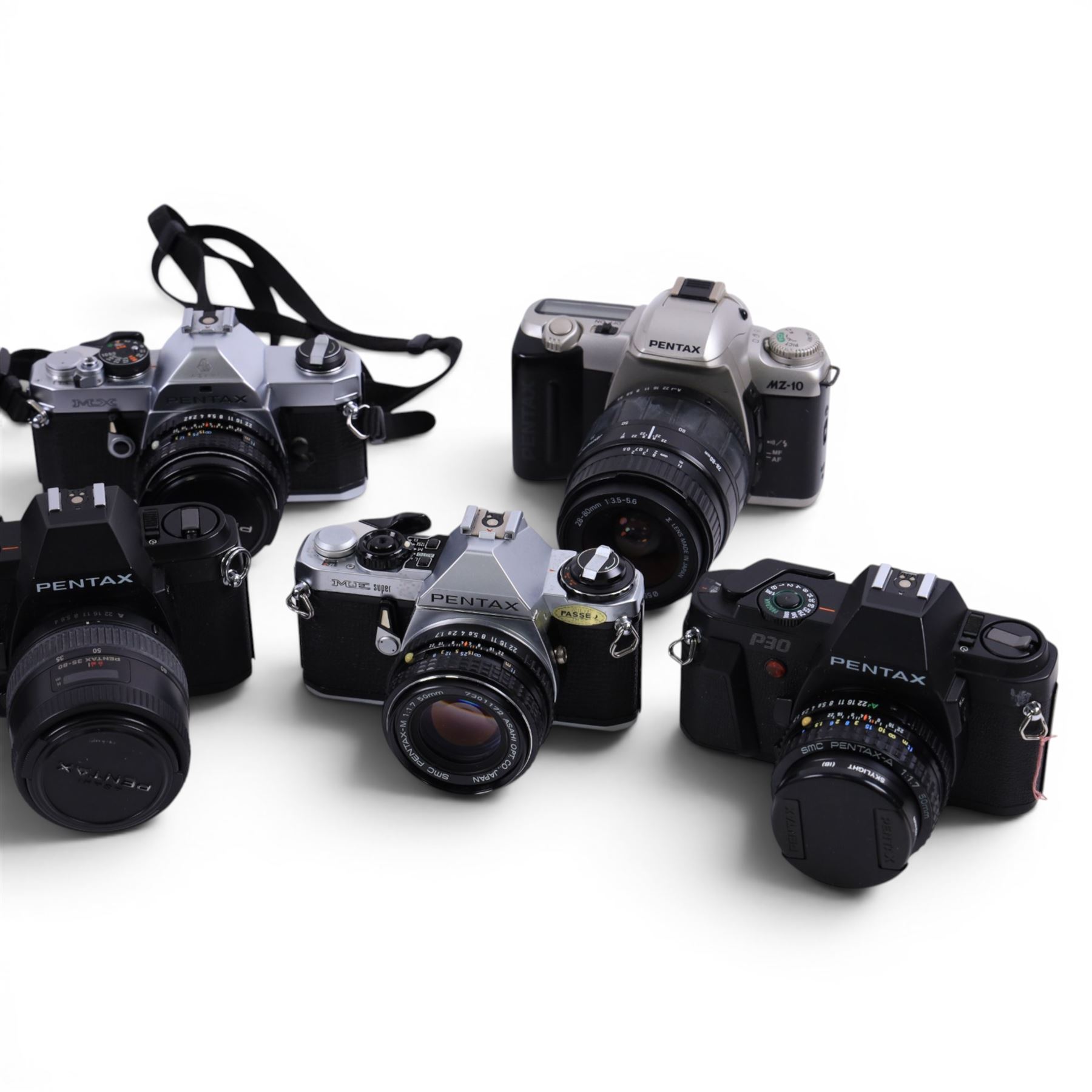 Nine Pentax cameras, including MX, MZ-5, ME Super, P30, etc all with lenses