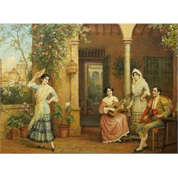 Arthur Trevor Haddon (British 1864-1941): Spanish Musicians with Dancer on Colonnaded Balc...