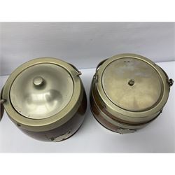 Five early 20th century biscuit barrels with silver-plated mounts, one made from Mahogany from HMS Hindustan