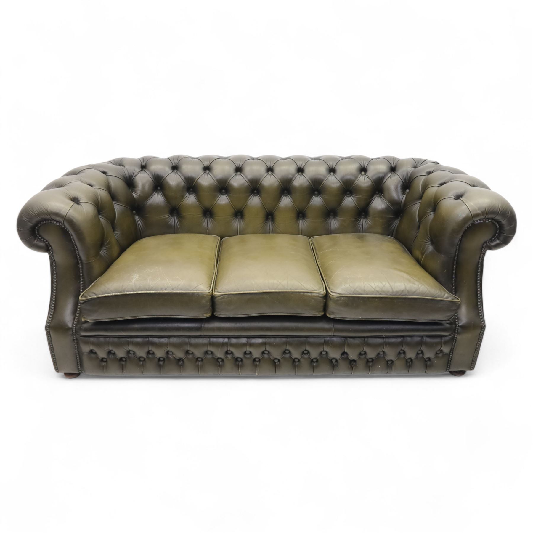 Chesterfield three seat sofa upholstered in green buttoned leather