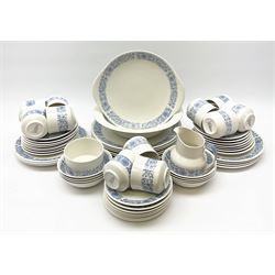 A group of Royal Doulton Cranbourne pattern tea and dinner wares, comprising eleven coffee cups, twelve saucers, milk jug, cake plate, eight dinner plates, eight salad plates, twelve side plates, eight bowls, and a large bowl. 