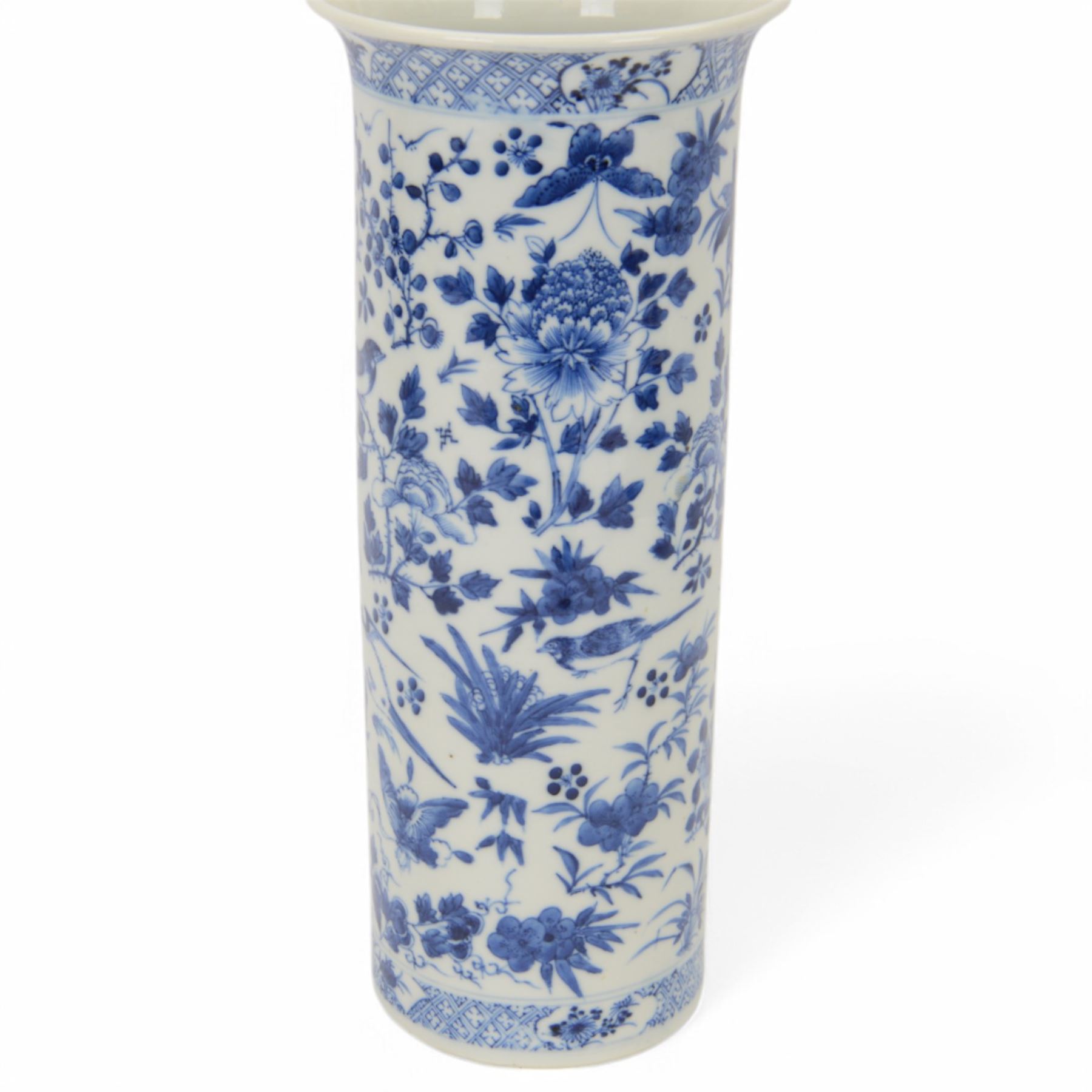 19th century Chinese blue and white sleeve vase, of cylindrical form with slightly flared neck, painted with birds and insects amidst blossoming flowers and foliage, the base and rim with trellis border interspersed with floral reserves, with four character Kangxi mark beneath, H35cm