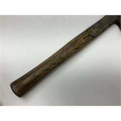 Post-War military type fireman's axe impressed 'PERKS 1953/54' with additional indistinct mark probably WD arrow, ash handle L39cm; and another stonemason's(?) double headed axe with mallet shaped shaft (2)