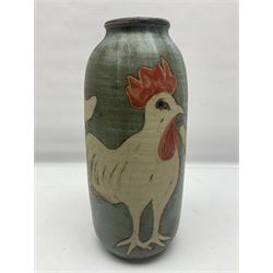John Egerton (c1945-): studio pottery stoneware vase, decorated with chickens on a blue ground, H37cm