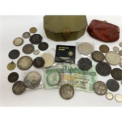 Two King George V 1935 rocking horse crowns, 1929 half crown, Queen Victoria 1875 half crown, King George III 1820 shilling, various pre 1947 threepence pieces, King Edward VII India 1907 one rupee and various other coins