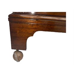 Wylie & Lochhead, Glasgow - early 20th century mahogany and satinwood double wardrobe, projecting cornice over panelled doors, interior fitted with mirrored door, shelves, drawers, hooks and hanging rail, raised on bracket supports with ceramic castors