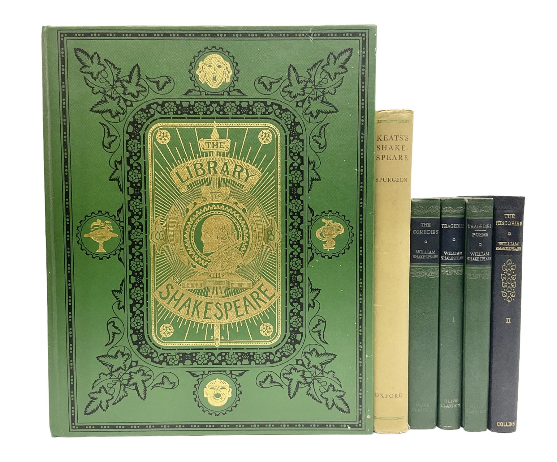 Limited edition The Library Shakespeare, no 2298/4000, illustrated by Sir John Gilbert, George Cruikshank and R. Dudley, pub. Midpoint Press, Really Useful Map Company Limited 2007, green cloth hardback with gilt titles and decoration and silvered edges, together with other Shakespeare related books comprising Keate's Shakespeare pub. Oxford University Press 1929, set of three Olive Classics and The Histories, pub. Collins 1966 (6)
