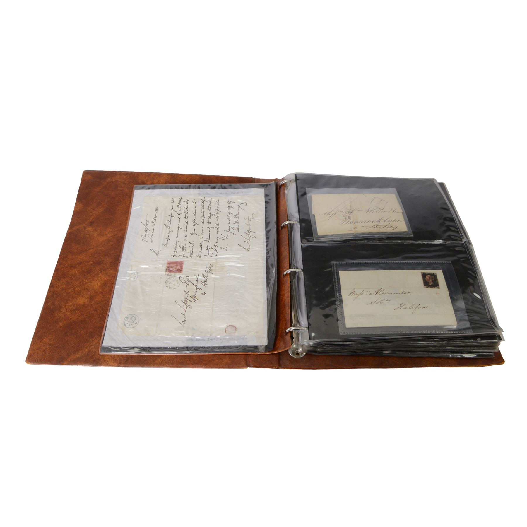 Approximately thirty-seven Great Britain Queen Victoria covers, including penny black with red MX cancel and four margins, two embossed, together with King Edward VII and later covers, in one ring binder folder