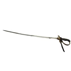 German infantry dress sword, dove head stirrup handle with black wire-bound grip cast cross guard with German eagle set into the langet, the curved 81cm single edge blade with single fuller marked Elckhorn Solingen, L93cm overall