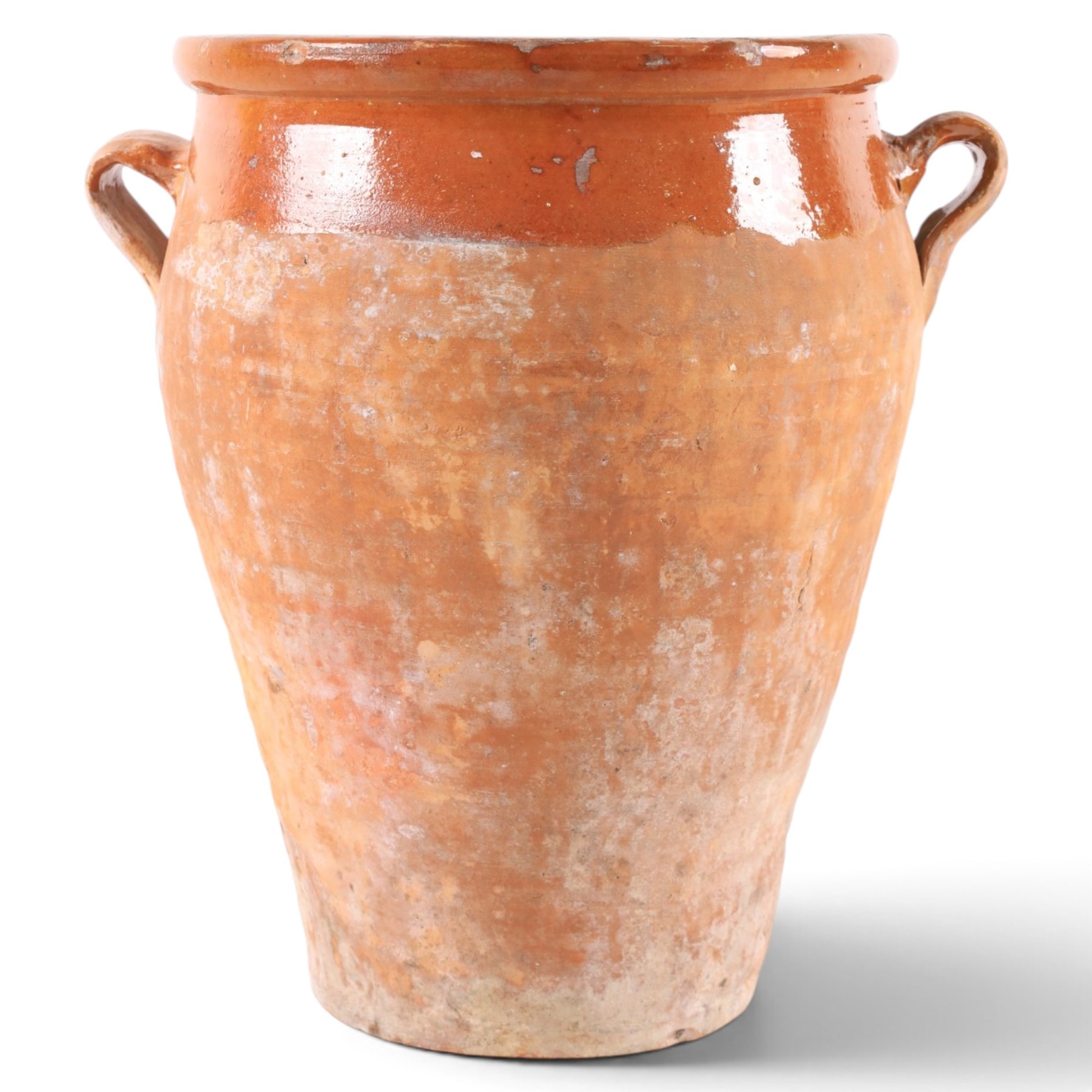 Spanish terracotta twin handled olive jar, of typical baluster form with orange glaze decoration, H34cm