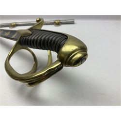 Early 19th century French Lancers officer's sword c1810, the 84cm curving fullered blade retaining most of its bluing, gilding and engraved decoration, inscribed I.S.& C. to ricasso (for Schimelbusch), brass three-bar hilt with elongated elliptical langets and wire-bound leather grip; in polished steel scabbard with two brass suspension rings L100cm overall