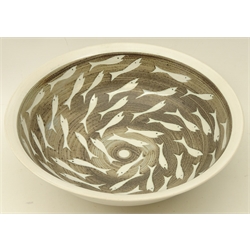  Studio pottery bowl by Neil Tregear in the Whitebait pattern, D34cm   