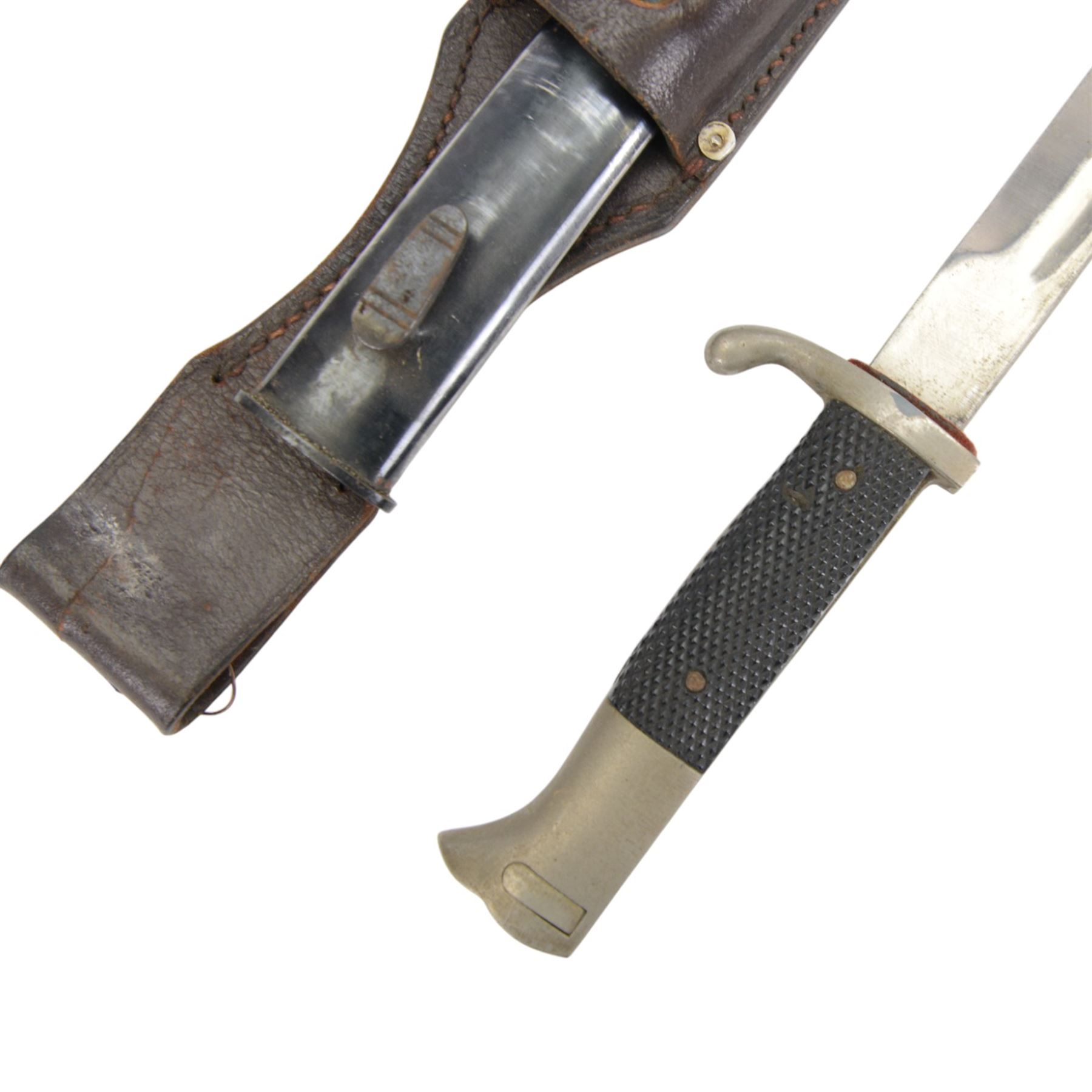 WWII German bayonet marked S/174, in scabbard, with leather frog, the frog marked H. Glemen Elberfeld 1938, together with another German bayonet and frog  