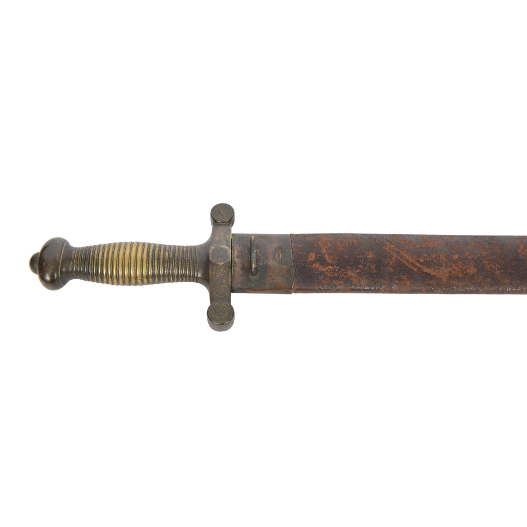French 1832 Pattern Gladius short sword, the 49cm double edged blade inscribed to the ricasso, cast brass hilt with groove grip and short quillons, brass mounted leather scabbard, scabbard and sword both marked 994, overall L66cm