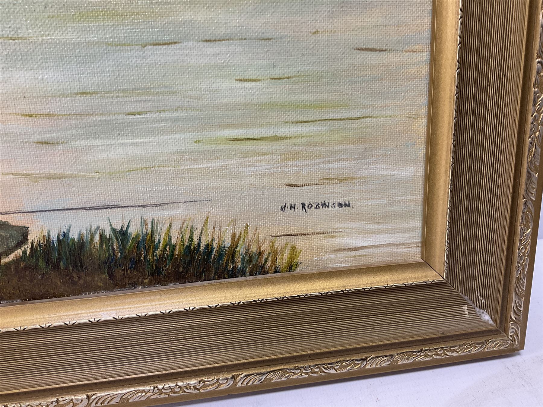 J H Robinson (British 20th century): Canal and Lake Landscape, pair oils on board, signed and dated 1982 (2)