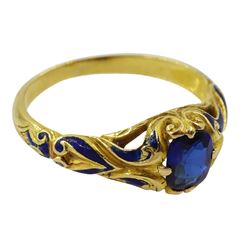 19th/early20th century Continental 18ct gold synthetic sapphire ring, with blue enamel shoulders