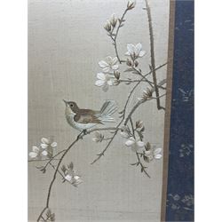 Two Oriental silk and wooden screens embroidered with birds and blossoming branches, largest H88cm 