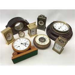  Collection of clocks including: brass half hour striking carriage clock, German wall clock, Widdop, Imhof, Swiza and Estyma mantel clocks, modern carriage clock, Edwardian clock case, small aneroid Barometer, (8)  