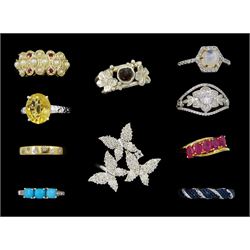 Eleven silver and silver-gilt stone set rings including butterfly, bee, moonstone and zircon, turquoise and cubic zirconia