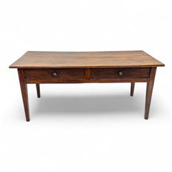 19th century provincial elm and oak farmhouse table, rectangular plank top above two frieze drawers fitted with turned wooden knobs, raised on square tapering legs