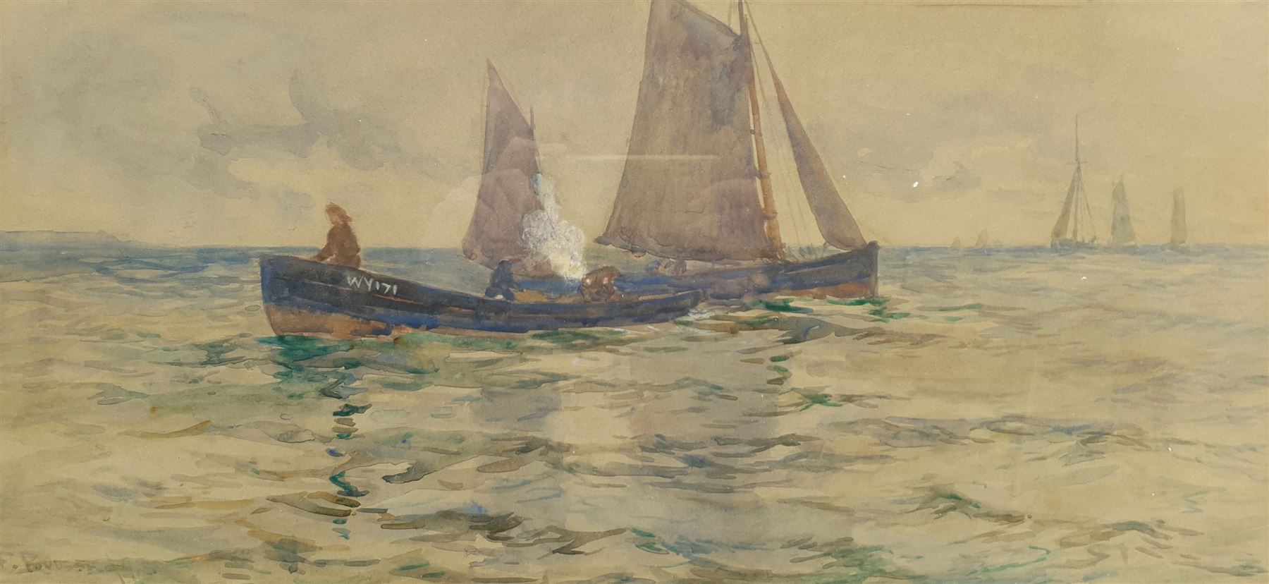 Frank Rousse (British fl.1897-1917): Whitby Cobles off the Coast, watercolour signed and dated '98, 24cm x 50cm