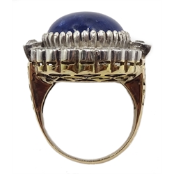 Large 14ct gold cabochon sapphire and diamond ring, stamped 585