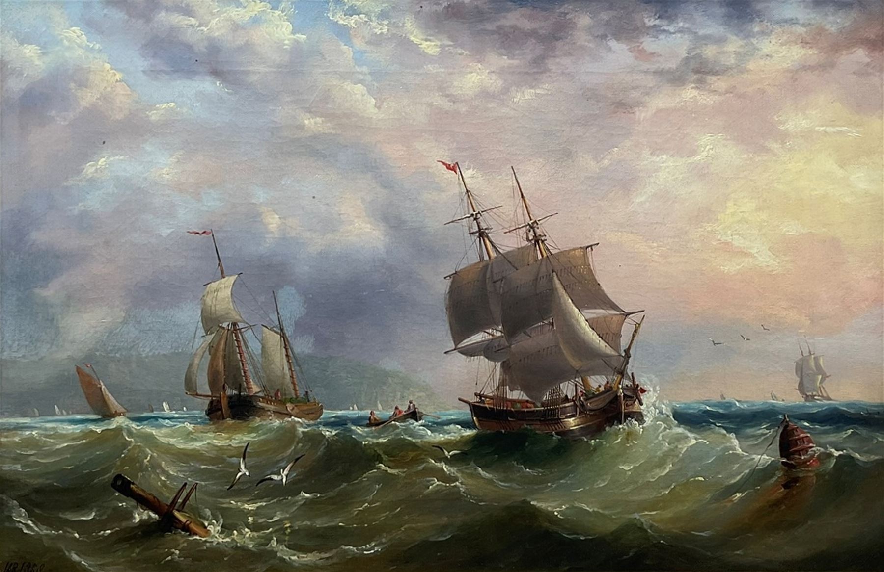 Henry (1820-1887) and Edward King (1860-1941) Redmore: Shipping off the Coast in Choppy Seas, oil on canvas initialled and dated 34cm x 52cm
Notes: a work almost certainly by E K but with areas contributed by his father and signed with a spurious date by the son
